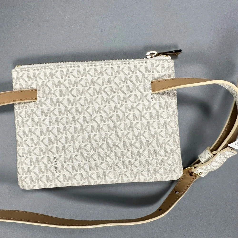 Michael Kors MK Signature Logo Belt Bag White Tan Gold Hardware Size M 554562